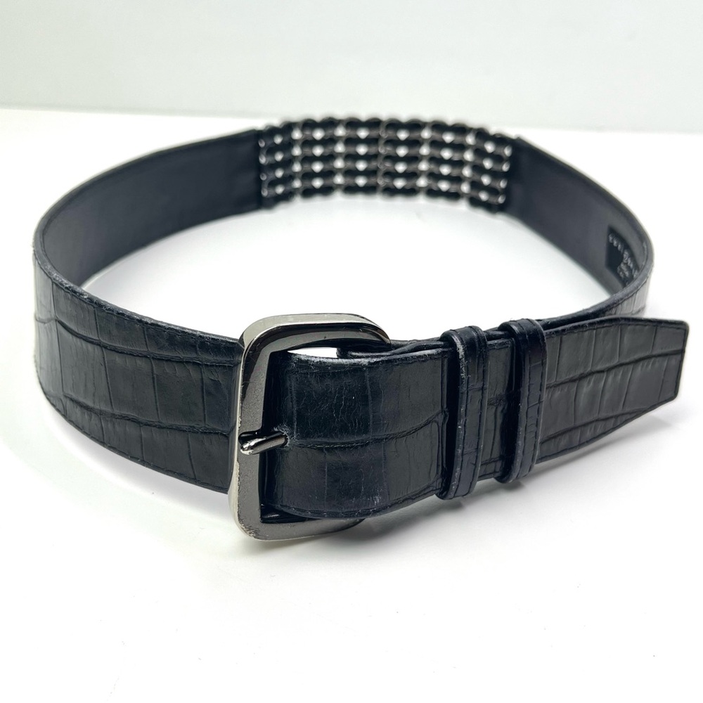 Suzi Roher Women's Black Stretch Embossed Leather Statement Chain Belt
